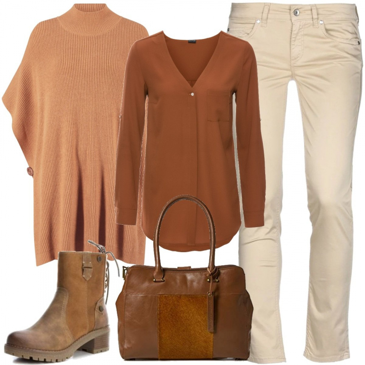 Outfit donna - Nei toni della terra. Stile Basic per Tutti i giorni. Abbinamento con camicie, cappotti, pantaloni, stivaletti interno in tessuto cammello, borsa a tracolla marrone.