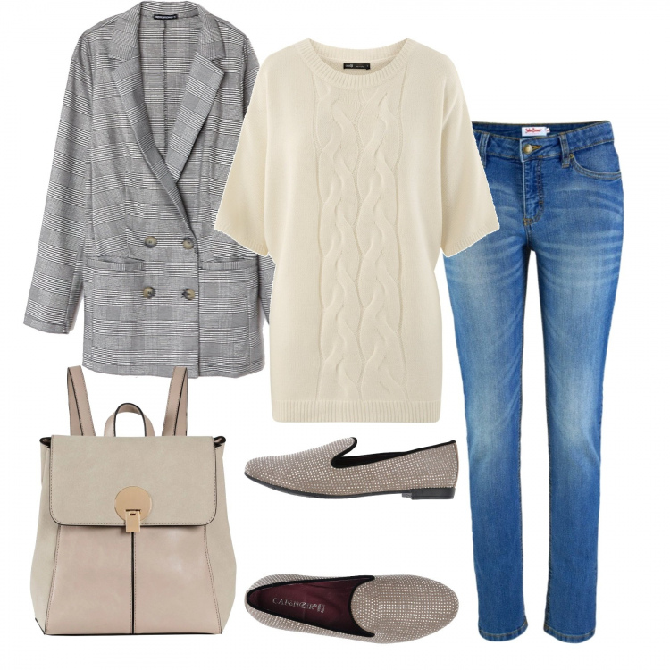 Outfit donna - Basic #15854. Stile Basic per Ufficio. Abbinamento con jeans skinny, zaino effetto scamosciato a scatto interno foderato in pelle sintetica con scomparti marrone, mocassini con strass effetto scamosciato senza tacco con punta tonda tinta unita, giacca doppiopetto lunga fantasia bianco, maglione.