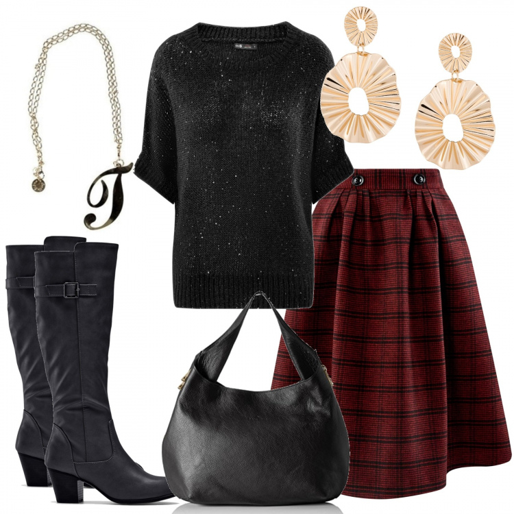 Outfit donna - Molto femminile con la gonna a ruota. Stile Trendy per Ufficio. Abbinamento con stivali, orecchini con cerchi oro, collane, gonna midi vita alta con tasche rosso, maglione con paillettes aderente nero, borsa a tracolla.