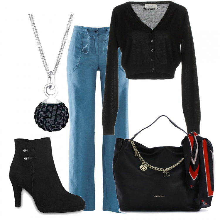 Outfit donna - Basic #15860. Stile Basic per Scuola/Università. Abbinamento con pantaloni a palazzo, scaldacuore senza tasche lavorato a maglia a maniche lunghe tinta unita, shopping bag nero, stivaletti, ciondolo.