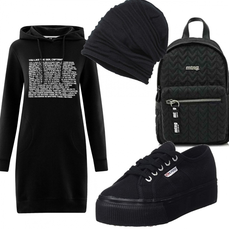 Outfit donna - Urban #7950. Stile Urban per Tutti i giorni. Abbinamento con berretti, vestito sport con cappuccio nero, scarpe sport nero, scarpa.