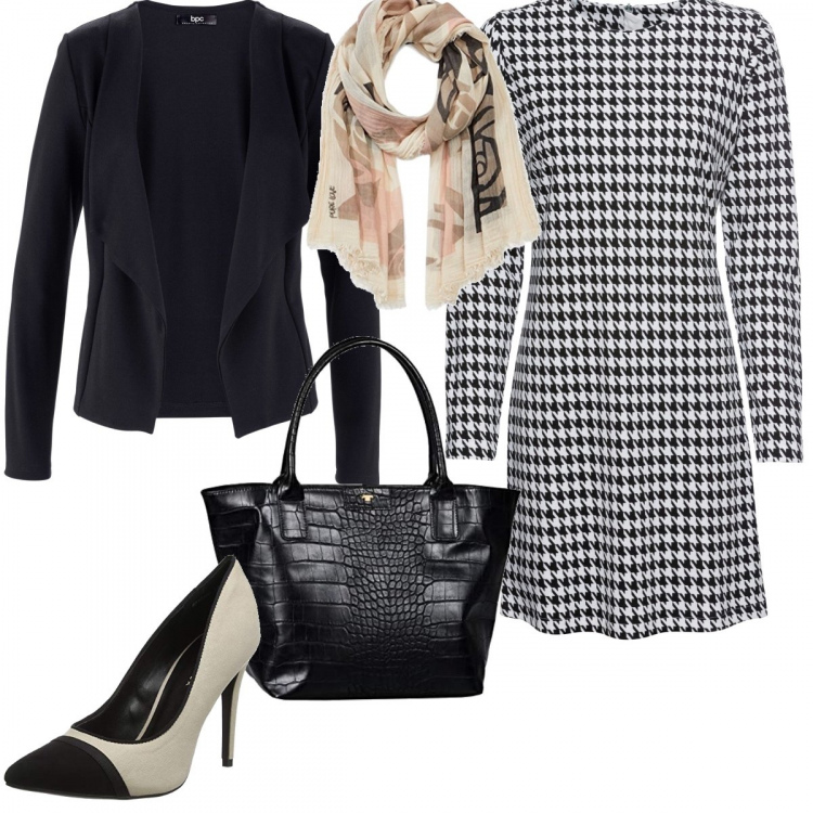 Outfit donna - #Mi vesto bene con poco. Stile Urban per Ufficio. Abbinamento con blazer, vestito fantasia con scollo a maniche lunghe con zip jersey nero, scarpe col tacco bianco, borsa tote nero, sciarpa lunga.