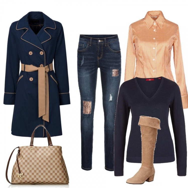 Outfit donna - Il trench passepartout. Stile Basic per Tutti i giorni. Abbinamento con trench, jeans, camicia a quadri collo classico a maniche lunghe in seta con bottoni, borse a mano, stivaletti marrone e grigio, felpa.