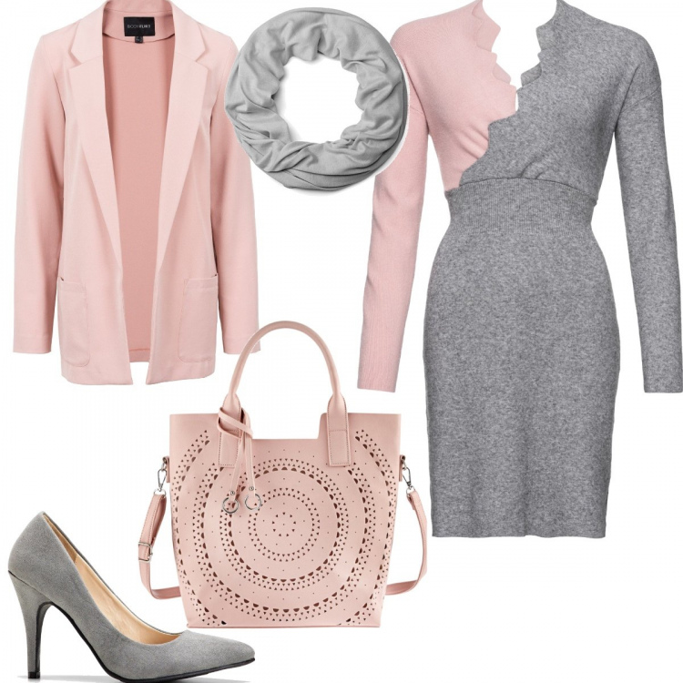 Outfit donna - #Mi vesto bene con poco. Stile Urban per Ufficio. Abbinamento con vestiti corti, vestito a portafoglio spacchi laterali in in maglia rosa, décolleté, borse a mano, sciarpa a tubo jersey.