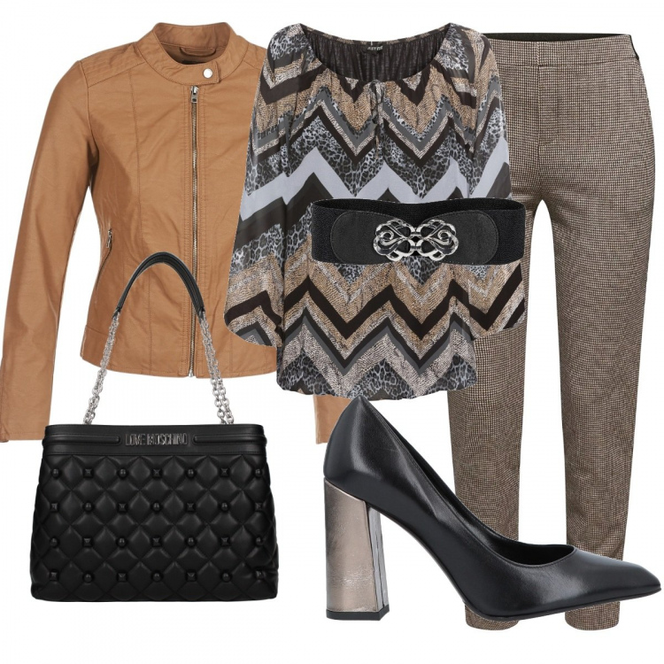 Outfit donna - Trendy #25457. Stile Trendy per Ufficio. Abbinamento con cinture, bluse, décolleté, borsa a spalla con borchie nero, giacca marrone, pantaloni.