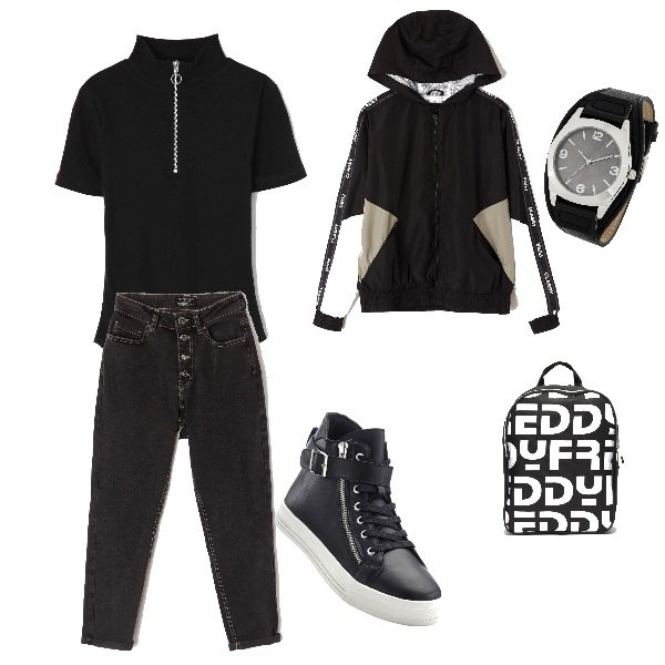 Outfit donna - Trendy #25467. Stile Trendy per Scuola/Università. Abbinamento con vestiti lunghi, sneakers sport con zip nero, giacca nero, body a coste con zip tinta unita nero, pantalone in denim con bottoni nero, zaino con stampa e zip con scomparti nero.