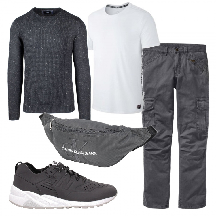 Outfit uomo - Alternative utility. Stile Urban per Tutti i giorni. Abbinamento con pantaloni cargo, zaino, sneakers, maglione grigio, t-shirt a righe bianco.