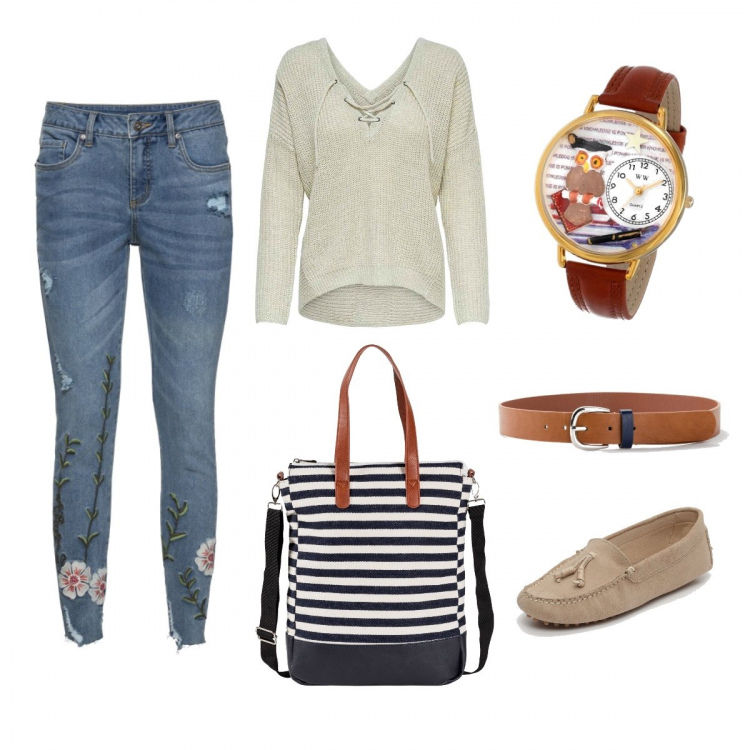 Outfit donna - Un caldo autunno. Stile Urban per Tutti i giorni. Abbinamento con jeans, shopping bag, pantaloni, pullover con pizzo, mocassini effetto scamosciato con punta tonda beige, orologio.