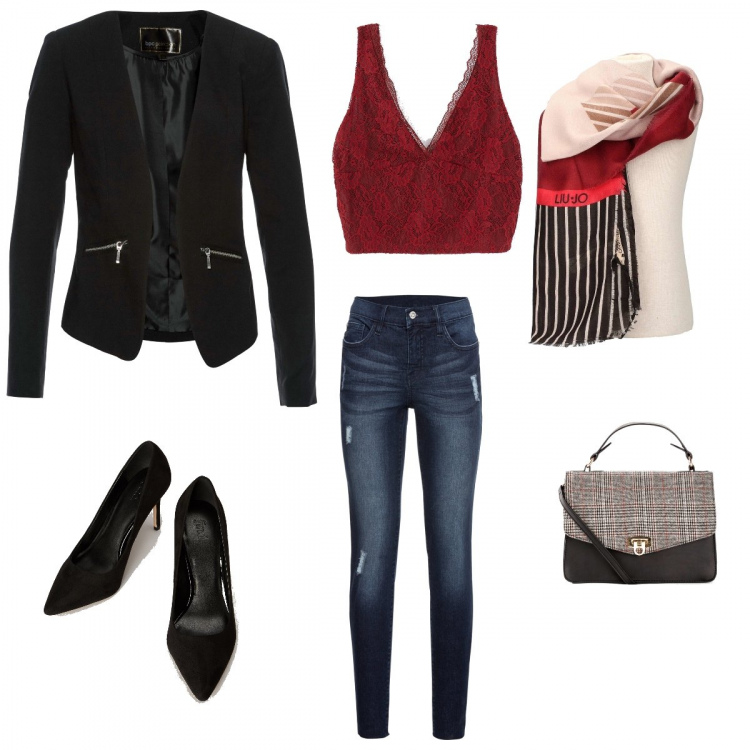 Outfit donna - Sexy #3160. Stile Sexy per Tutti i giorni. Abbinamento con blazer, jeans strappati, borsa a mano, top con pizzo scollo profondo crop tinta unita bordeaux, sciarpa rosso, décolleté.