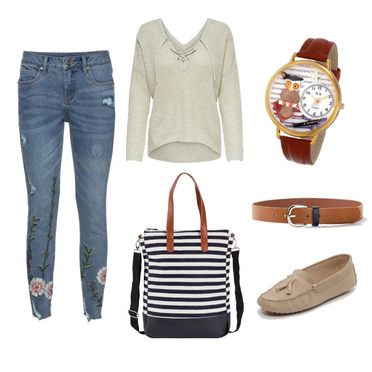 Outfit donna - Un caldo autunno. Stile Basic per Tutti i giorni. Abbinamento con jeans, shopping bag, pantaloni, pullover con pizzo, mocassini effetto scamosciato con punta tonda beige, orologio.