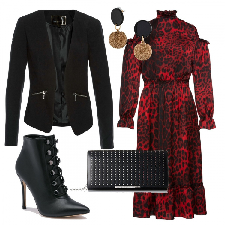 Outfit donna - Cena con le amiche. Stile Trendy per Serata fuori. Abbinamento con blazer, orecchini, vestito al ginocchio fantasia chiffon con spalle scoperte rosso, tronchetti con borchie e zip nero, pochette nero.