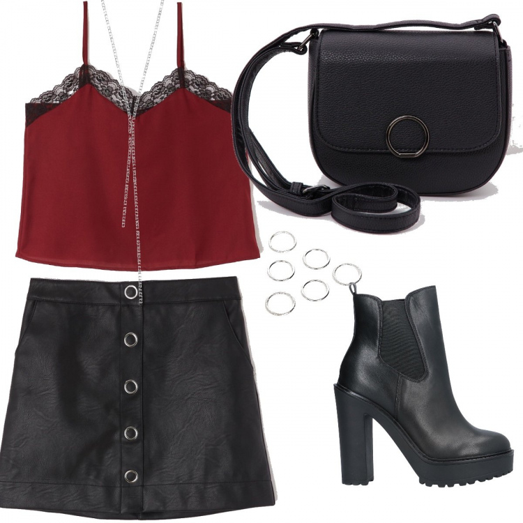 Outfit donna - Serata. Stile Rock per Serata fuori. Abbinamento con stivaletti con tacco squadrato interno sfoderato con punta tonda in pelle sintetica tinta unita, borsa a tracolla effetto martellato in ecopelle tinta unita nero, gonna mini in ecopelle tinta unita nero, top con pizzo contrasto tinta unita bordeaux, anello petite effetto zigrinato argento, collana girocollo.