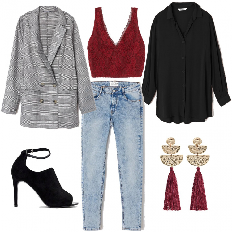 Outfit donna - In jeans..con stile. Stile Rock per Tutti i giorni. Abbinamento con orecchini, jeans skinny, camicia maxi collo classico a maniche lunghe tinta unita nero, giacca doppiopetto lunga fantasia bianco, top con pizzo scollo profondo crop tinta unita bordeaux, scarpe con cinturino open toe in denim.