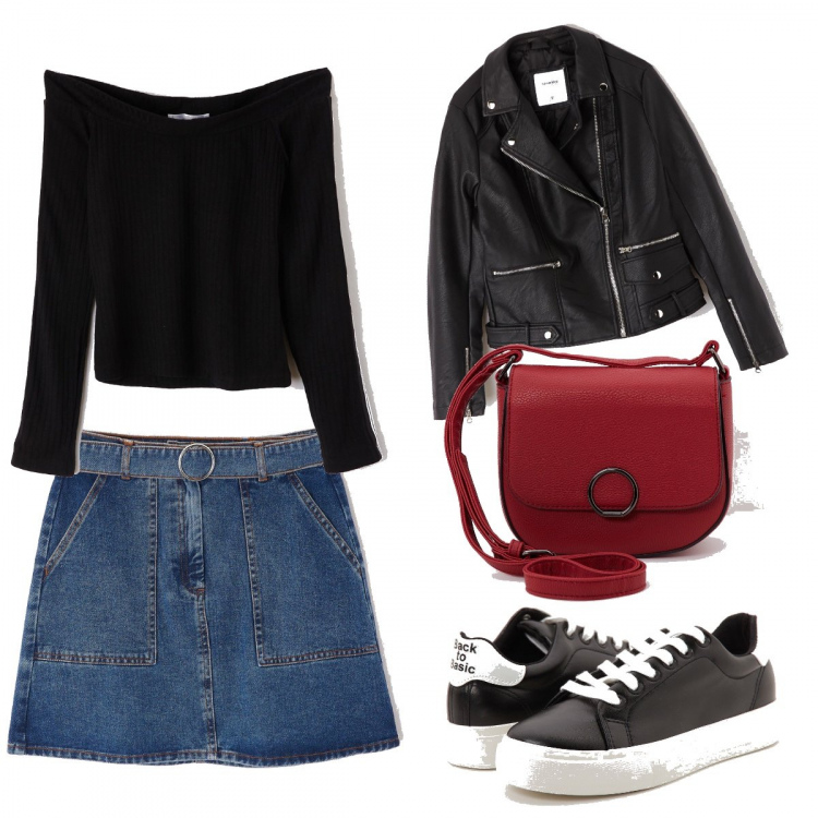 Outfit donna - Terranova new collection. Stile Rock per Tutti i giorni. Abbinamento con t-shirt a coste con spalle scoperte a maniche lunghe tinta unita nero, giubbino in ecopelle tinta unita nero, gonna mini con cintura in denim blu, sneakers sport in ecopelle tinta unita nero, borsa a tracolla effetto martellato in ecopelle tinta unita rosso.