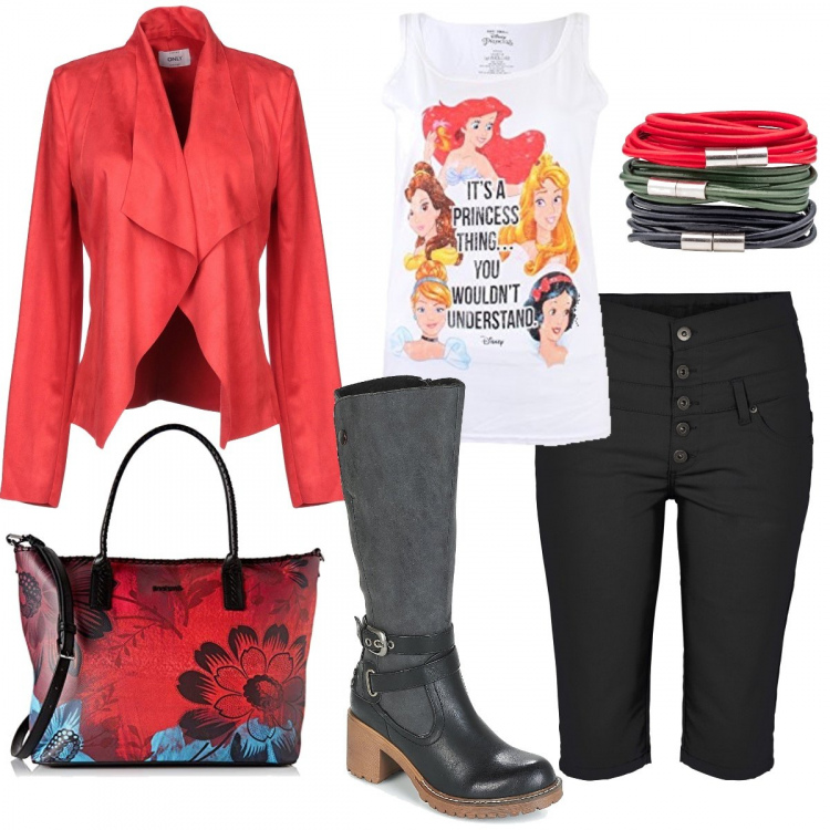 Outfit donna - Princesse sulla canotta. Stile Basic per Tutti i giorni. look ideale per Tall. Abbinamento con bermuda, braccialetti, giacca scollatura profonda a maniche lunghe interno sfoderato tinta unita, stivali nero, canottiera bianco, borsa a tracolla.