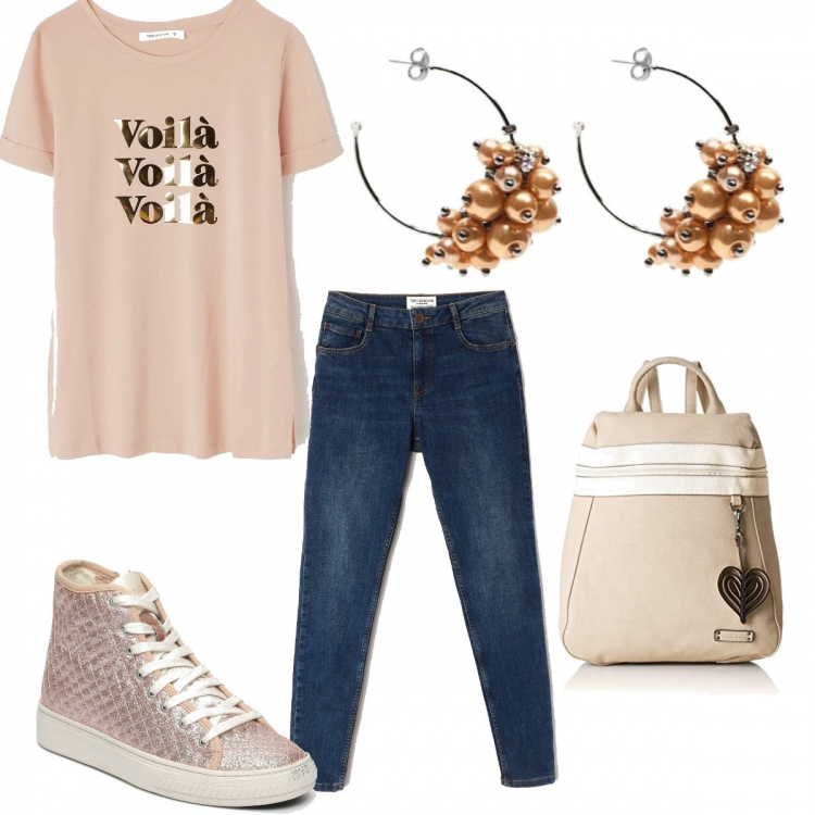 Outfit donna - Easy&cheap denim style. Stile Urban per Scuola/Università. Abbinamento con t-shirt girocollo a maniche corte rosa, jeans skinny in denim blu, sneakers glitter con zip e punta tonda rosa, borsa zainetto con zip in pelle sintetica beige e nero, orecchini.