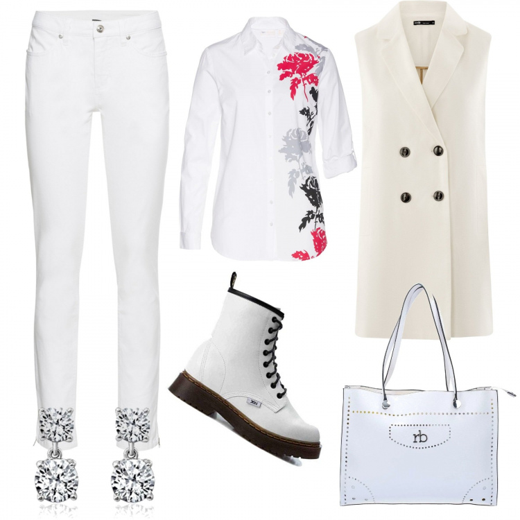 Outfit donna - Panciotto lungo ed anfibi. Stile Trendy per Ufficio. Abbinamento con jeans skinny, bermuda, borsa a tracolla bianco, giubbino a panciotto bianco, orecchini a pendolo argento, stivaletti bianco.
