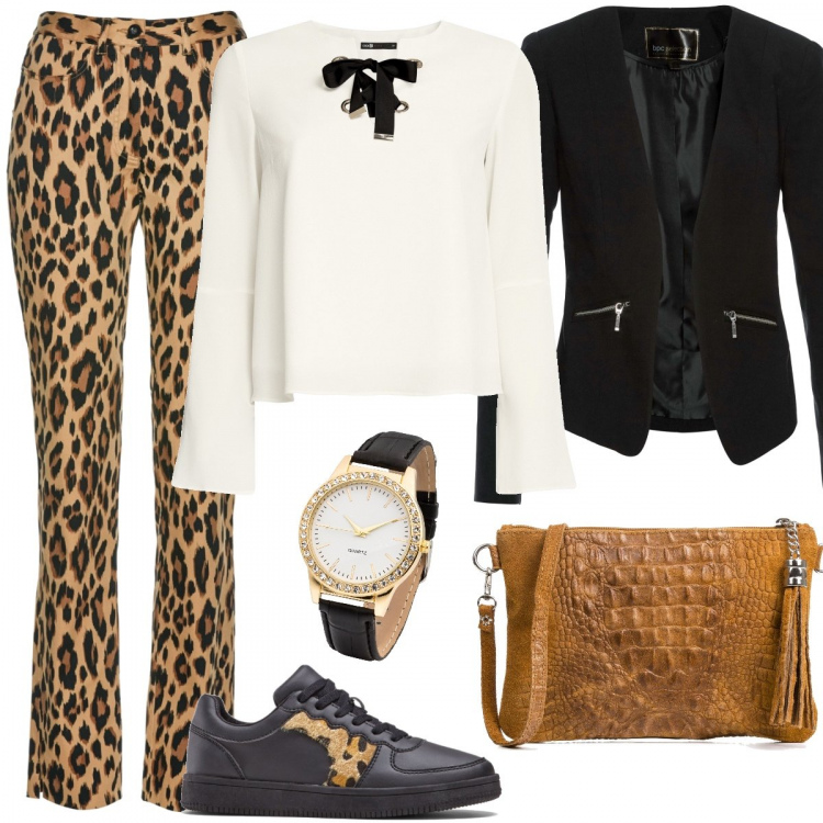 Outfit donna - Animalier. Stile Trendy per Ufficio. Abbinamento con blazer, sneakers con lacci nero, pantalone fantasia elasticizzato marrone, orologi, camicie, borsa a tracolla made italy animalier effetto scamosciato con zip.