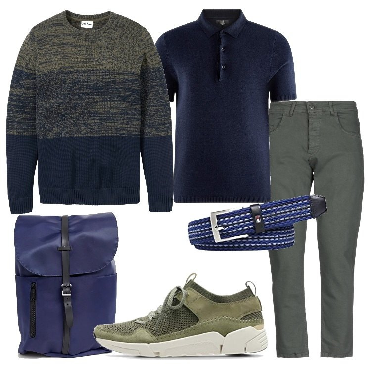 Outfit uomo - Comodo con stile. Stile Casual per Tutti i giorni. Abbinamento con maglieria, jeans tinta unita, sneakers, cintura a righe marrone e blu, t-shirt lavorato a maglia a maniche corte aderente blu, zaino con manico e zip con gancetto.