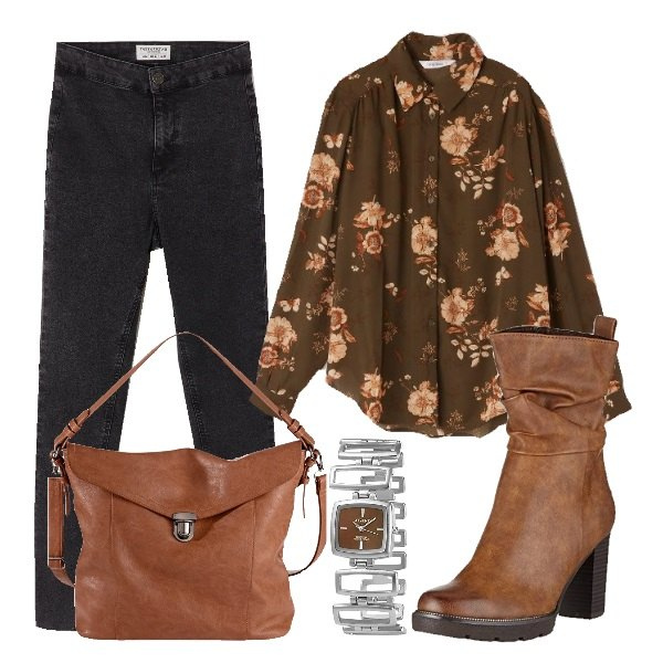Outfit donna - Jeans neri e stivali. Stile Urban per Tutti i giorni. Abbinamento con portafogli, camicia, jeggings vita alta in denim nero, stivaletti marrone, orologi.