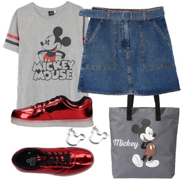 Outfit donna - Outfit total Mickey Mouse. Stile Basic per Tutti i giorni. Abbinamento con orecchini, shopping bag, sneakers tennis, gonna mini con cintura in denim blu, t-shirt melange girocollo grigio.