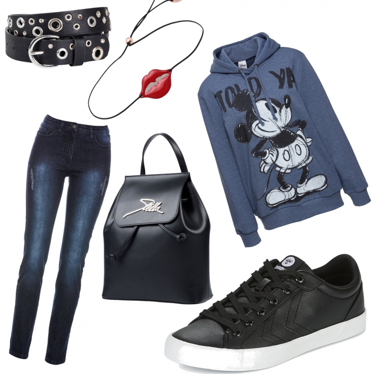 Outfit donna - Look sbarazzino. Stile Urban per Tutti i giorni. Abbinamento con gonne lunghe, felpe, cinture, borsa, bracciale argento, scarpe nero.