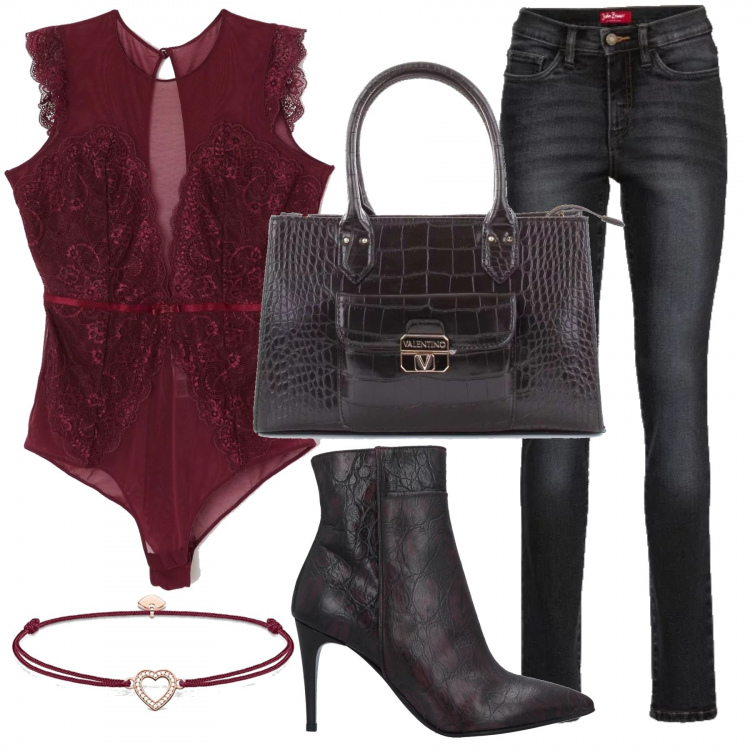 Outfit donna - Serata Autunnale. Stile Urban per Serata fuori. Abbinamento con jeans slim fit, stivaletti con stampa e zip a punta tinta unita, body con pizzo in tulle, borsetta nero, bracciale con zirconia in sterling 925 forma intrecciata argento.