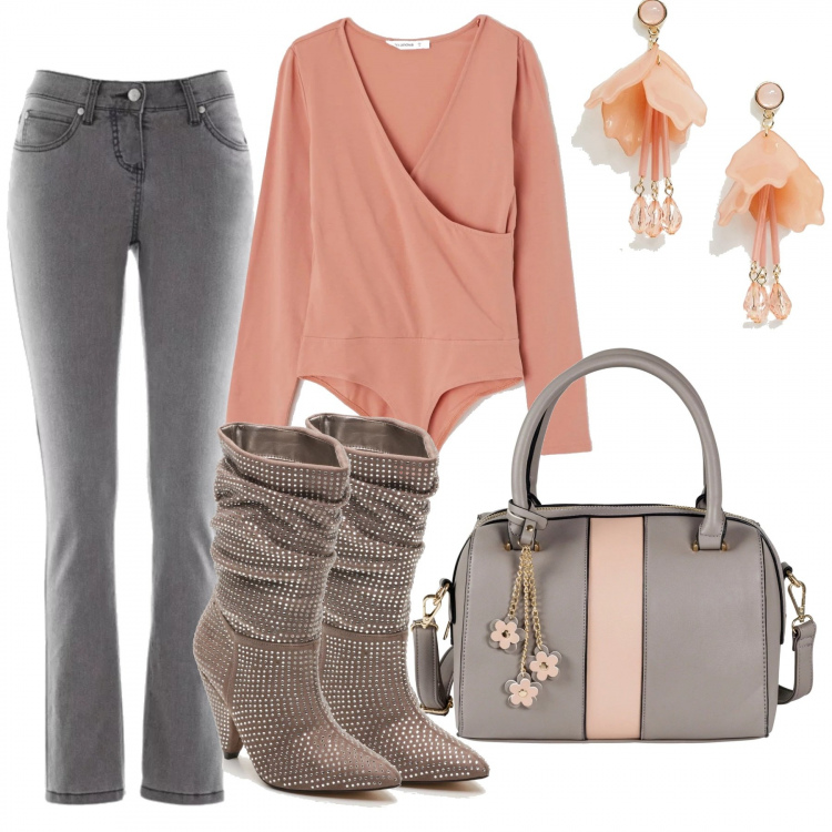 Outfit donna - Il jeans che snellisce. Stile Trendy per Tutti i giorni. Abbinamento con jeans slim fit, borse a mano, body con scollo a maniche lunghe elasticizzato rosa, tronchetti con strass, orecchini pendenti petite farfalla con perline oro.