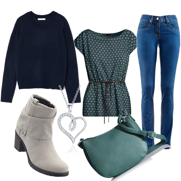 Outfit donna - DAKOTA Johnson-waiting for. Stile Basic per Tutti i giorni. Abbinamento con jeans dritti, stivaletti, maglione girocollo blu, camicetta con stampa aderente verde, borsa a tracolla in denim verde, collana.