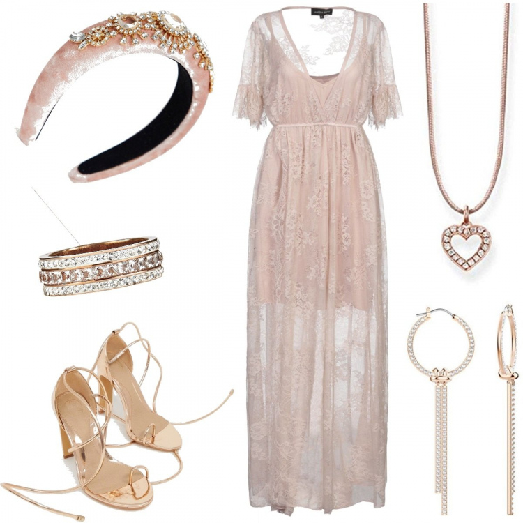 Outfit donna - Elie Saab inspo. Stile Chic per Cerimonia. Abbinamento con anello con strass in oro rosa, vestito lungo con pizzo collo a v a maniche 3/4 tinta unita, sandali con cinturino, cerchietto petite in velluto, orecchini, ciondoli.
