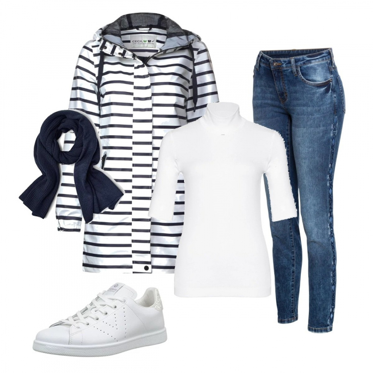 Outfit donna - Righe blu e bianco. Stile Trendy per Tutti i giorni. Abbinamento con jeans skinny, cappotto multicolore e bianco, t-shirt bianco, sneakers, sciarpa melange taglia unica blu.