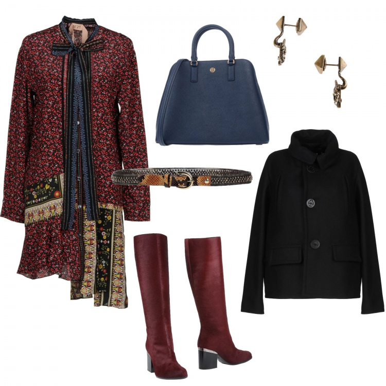 Outfit donna - Offerte di Ottobre!. Stile Trendy per Ufficio. Abbinamento con stivali, vestito corto con fiocco fantasia floreale a maniche lunghe interno sfoderato crêpe, cappotti, orecchini fantasia tinta unita, borsa a mano taglia media con zip interno foderato tinta unita, cintura con stampa e borchie con fibbia tinta unita.