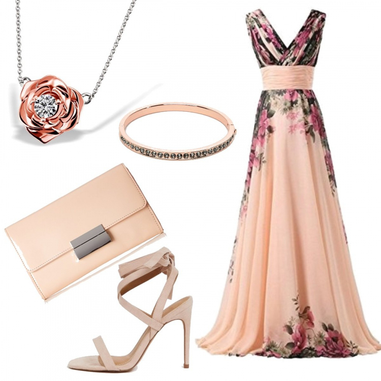Outfit donna - Inspo Elie Saab. Stile Chic per Cerimonia. Abbinamento con vestiti lunghi, scarpe con tacco petite collo aperto con laccetti nudo, pochette, collana in sterling 925 argento e bianco, bracciale in oro rosa.