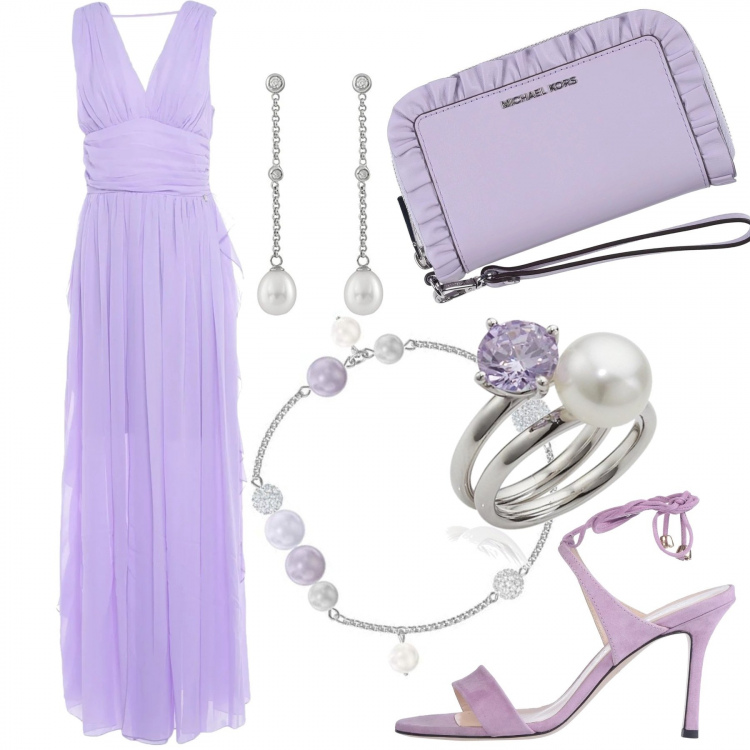Outfit donna - Brand Inspo: Elie Saab. Stile Chic per Cerimonia. Abbinamento con vestiti lunghi, portafoglio con ruches e zip tinta unita, sandali col tacco, anelli, orecchini pendenti con perle argento, braccialetto multicolore.