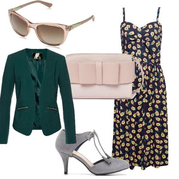 Outfit donna - Total look #340075. Abbinamento con blazer, maglieria, vestito multicolore e navy, occhiali da sole, borsa a tracolla con fiocco e zip rosa e oro.