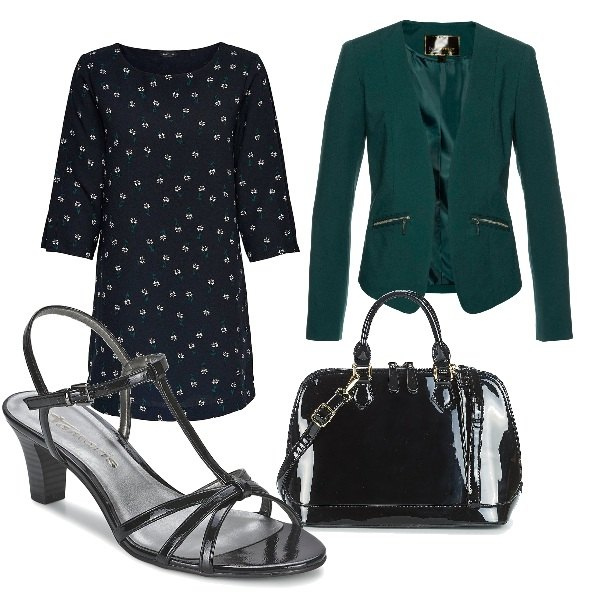 Outfit donna - Total look #340113. Abbinamento con blazer, vestito blu, borsetta nero, sandali nero.