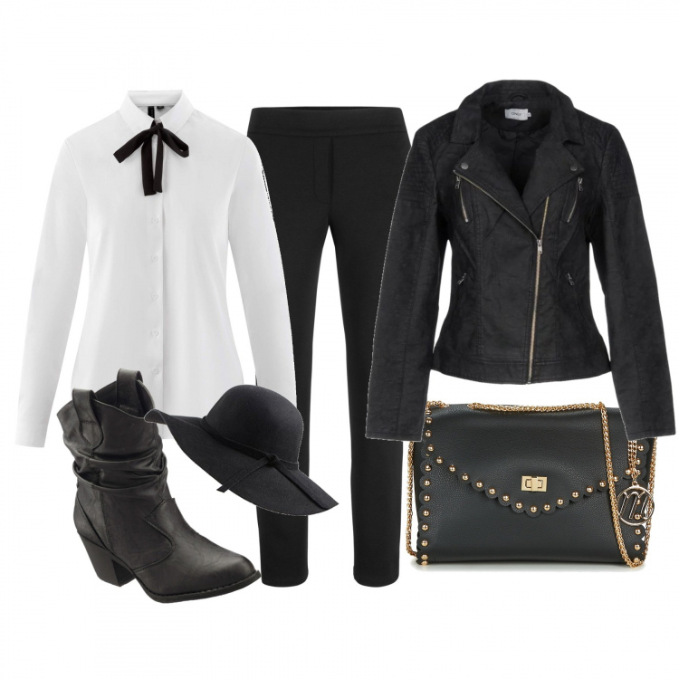 Outfit donna - Bow blouse and black boots. Stile Rock per Tutti i giorni. Abbinamento con stivaletti texani, pantaloni, giubbotto a maniche lunghe con zip interno foderato in pelle sintetica tinta unita, borsa a tracolla, camicia con laccetti aderente bianco, cappelli.