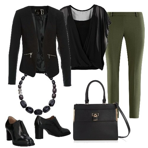 Outfit donna - Basic #16076. Stile Basic per Ufficio. Abbinamento con blazer, bluse, vestiti corti, stivaletti con tacco squadrato e punta tonda tinta unita, pantaloni, borsa tote.