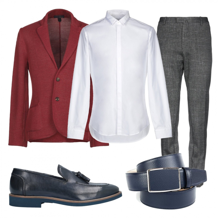 Outfit uomo - Rosso e blu. Stile Business/Elegante per Ufficio. Abbinamento con camicia collo classico a maniche lunghe tinta unita, giacca lavorato a maglia collo con revers a maniche lunghe interno sfoderato in lana tinta unita, pantalone fantasia vita bassa con zip jersey, mocassini, cinture.