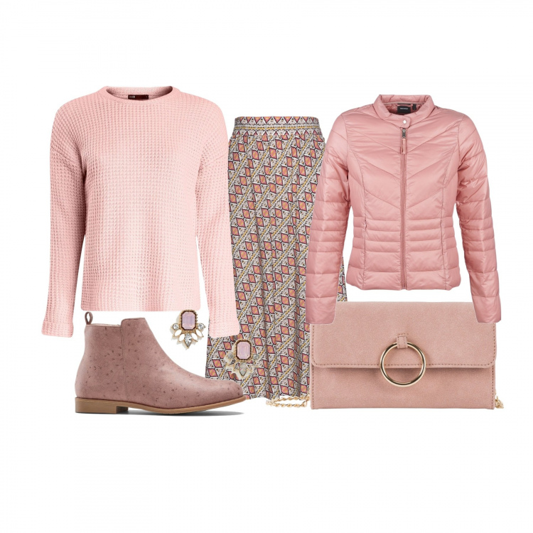 Outfit donna - Gonna multi pink. Stile Trendy per Serata fuori. Abbinamento con cappotti, gonna fantasia nero, stivaletti con zip in pelle sintetica rosa, piumino rosa, maglioni, orecchini a bottone petite farfalla oro.