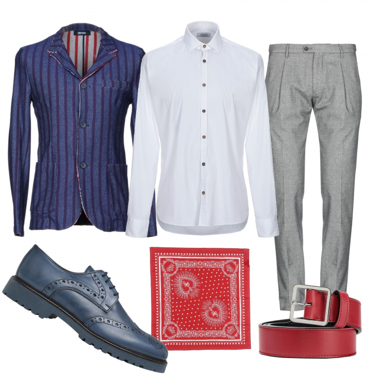 Outfit uomo - La pochette rossa. Stile Trendy per Serata speciale. Abbinamento con mocassini stringate con tacco squadrato e punta tonda pianta larga in pelle tinta unita, pantalone effetto spinato vita bassa con zip in flanella con bottoni, giacca, foulard fantasia in cotone, cinture, camicie.