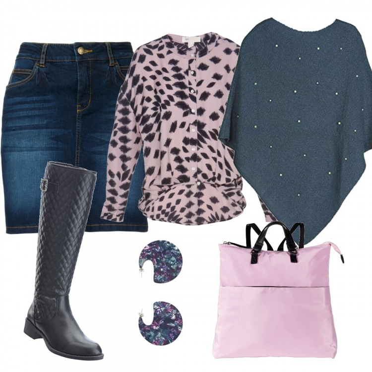 Outfit donna - Sabato mattina #curvystyle. Stile Basic per Tutti i giorni. Abbinamento con gonne, maglieria, stivali, zaino con zip interno foderato con scomparti rosa, poncio con perle girocollo senza maniche in in maglia taglia unica blu, orecchini.