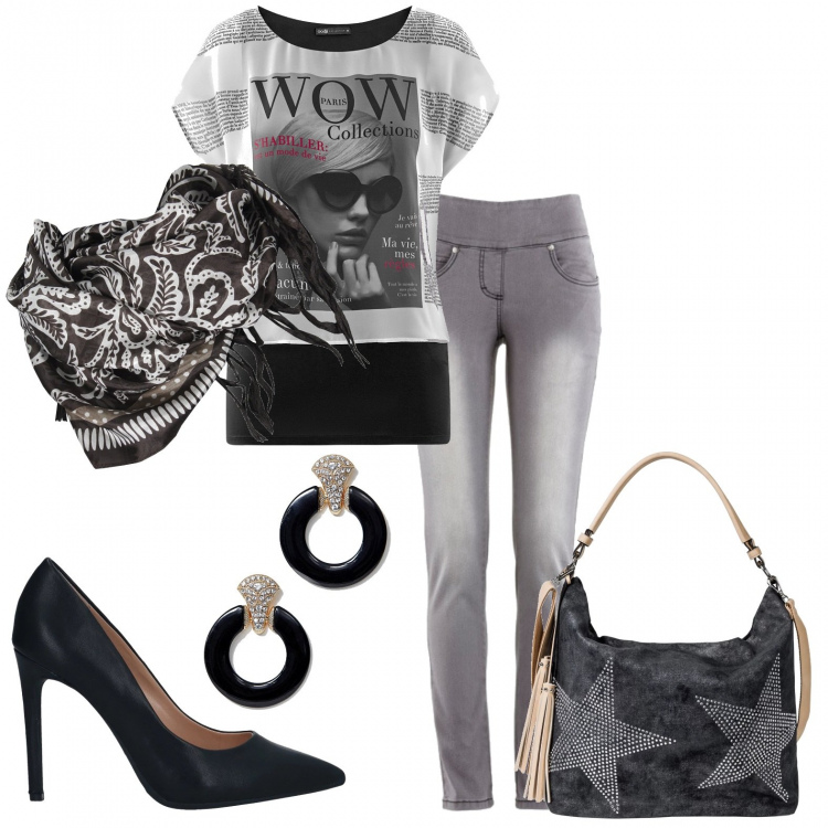 Outfit donna - Aperitivo a ottobre. Stile Trendy per Serata fuori. Abbinamento con jeans slim fit, bermuda, décolleté a punta tinta unita, sciarpa marrone, camicia, orecchini petite con anello farfalla oro.