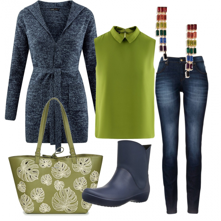 Outfit donna - Verde blu. Stile Basic per Tutti i giorni. Abbinamento con jeans skinny, borsa a tracolla capri verde, camicetta aderente verde, cardigan a coste con cappuccio e cinturino aderente blu, stivaletti navy, orecchini pendenti petite farfalla oro.