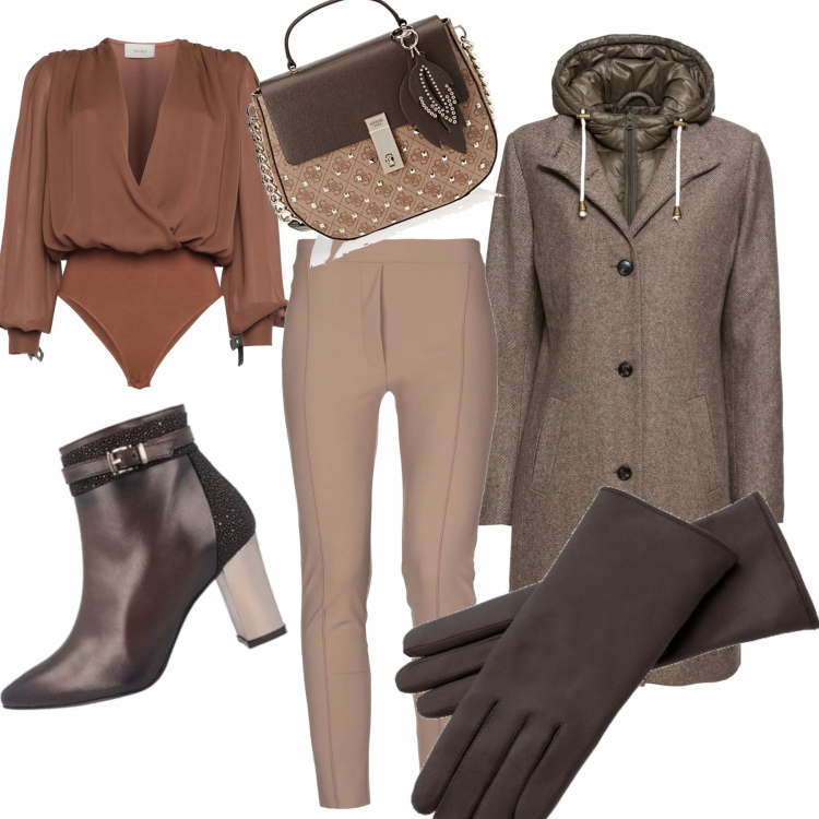 Outfit donna - Total look in caffè. Stile Urban per Tutti i giorni. Abbinamento con cappotti, blusa scollatura profonda a maniche lunghe crêpe, pantalone jersey, stivaletti con fibbia marrone, borse a mano, guanti.