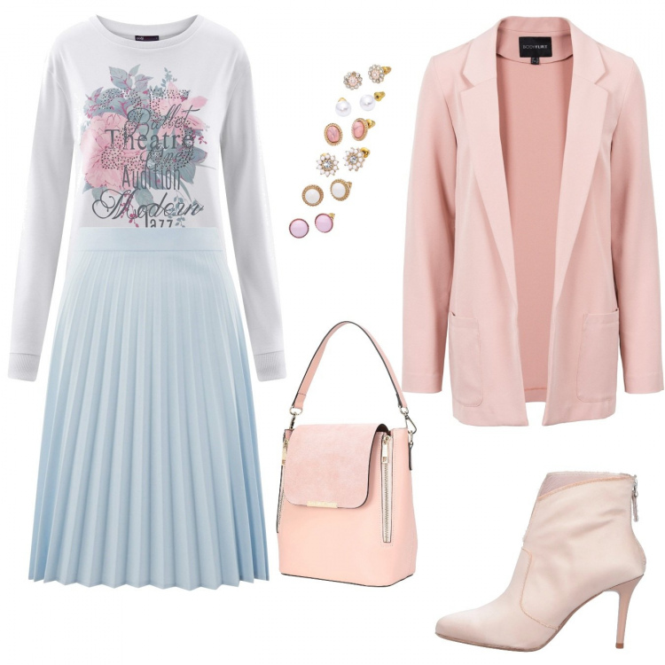 Outfit donna - Il cielo si tinge di rosa.... Stile Bon Ton per Serata fuori. Abbinamento con stivaletti con tacco spillo e zip con punta tonda in raso tinta unita, borsa in pelle, vestiti corti, orecchini, gonne longuette, felpa a giromanica con stampa aderente bianco.