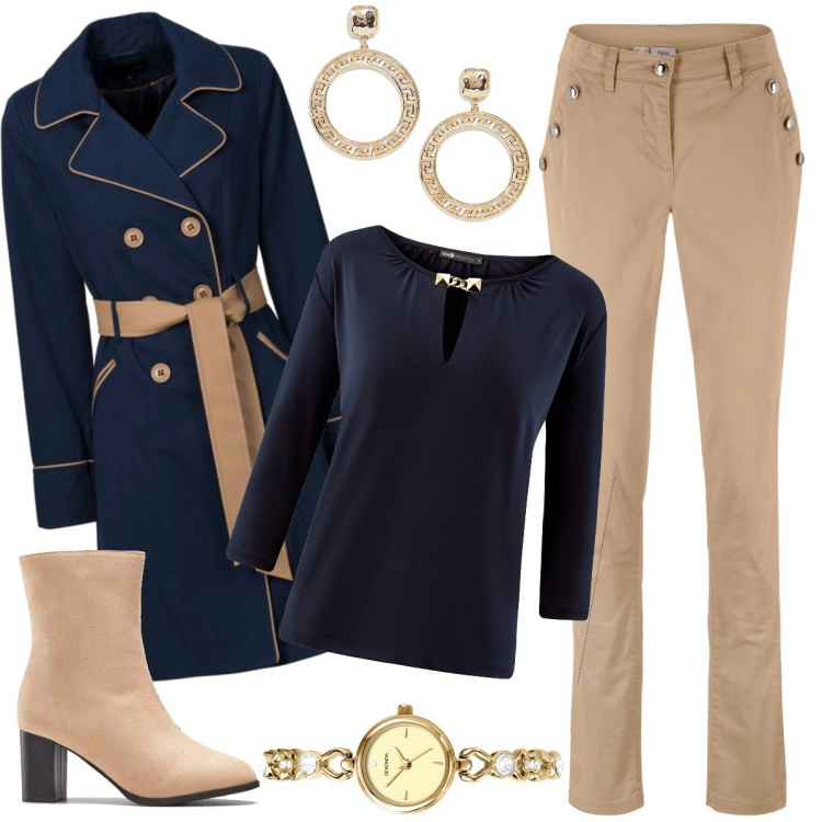 Outfit donna - Beige e blu per un apericena in centro. Stile Basic per Serata fuori. Abbinamento con trench, pantalone elasticizzato beige, stivaletti con zip beige, camicia, orecchini farfalla oro, orologi.