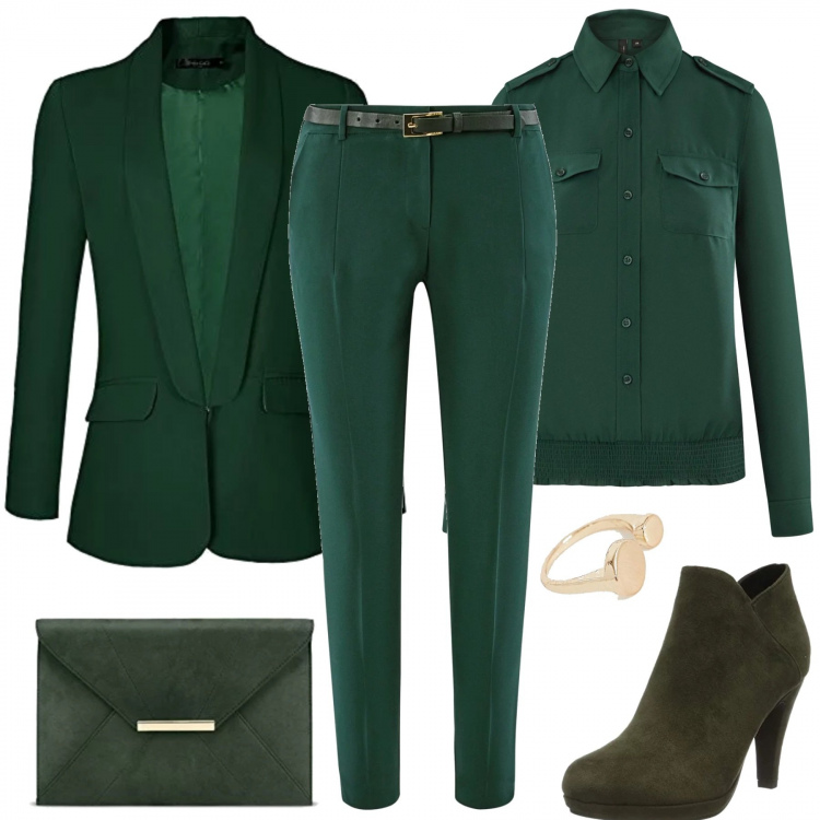 Outfit donna - Elie Saab inspo. Stile Chic per Serata fuori. Abbinamento con pantalone con cintura aderente verde, blazer, stivaletti, camicetta con taschini fantasia aderente verde, pochette, anello con cerchi effetto lucido in denim oro.