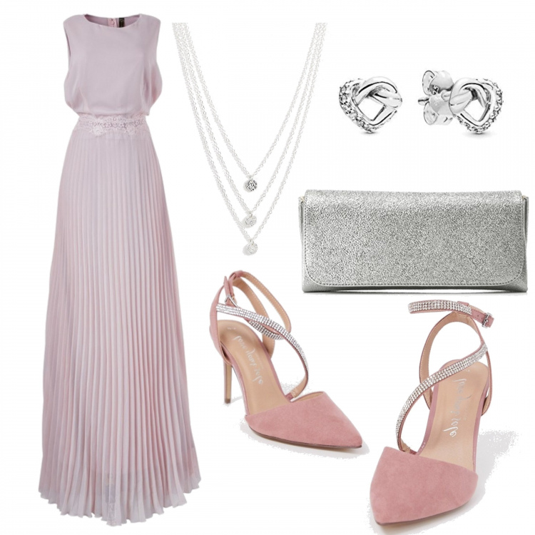 Outfit donna - Inspo Elie Saab. Stile Chic per Cerimonia. Abbinamento con berretti, scarpe con tacco con strass e tacco spillo con cinturino rosa, orecchini, collana argento, shopping bag argento.