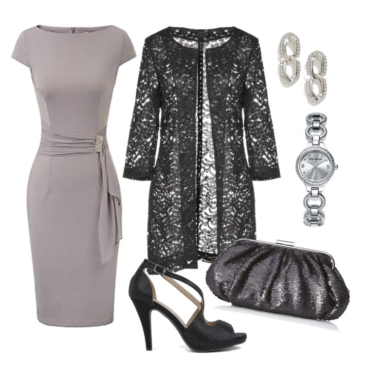 Outfit mujer - Perfecta de noche. Estilo Chic para Noche/Fiesta elegante. Combinación con vestito, carteras, orologio, zapatos de tacón, maglioncino, pendientes petite.